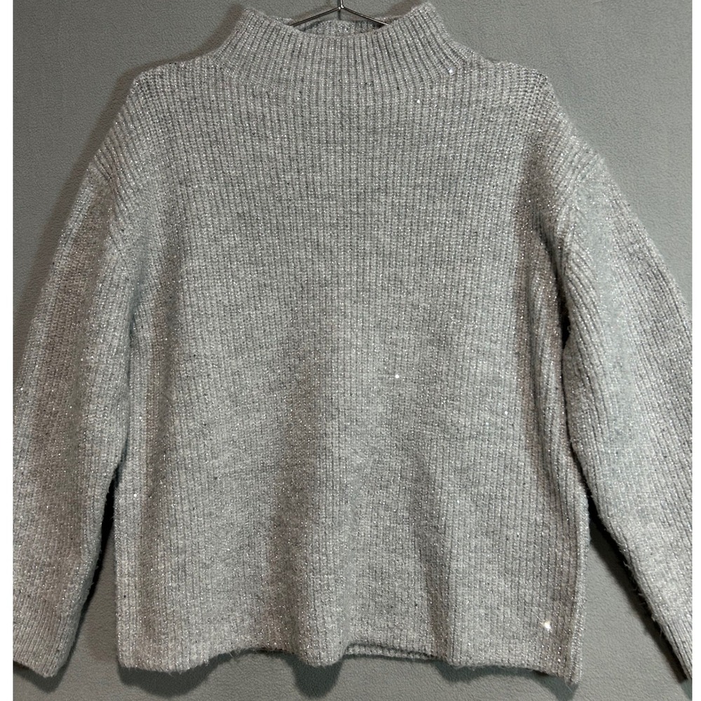 Calvin Klein Sweater Women L Gray Mock Neck Metallic Sparkle Holiday Party Cozy